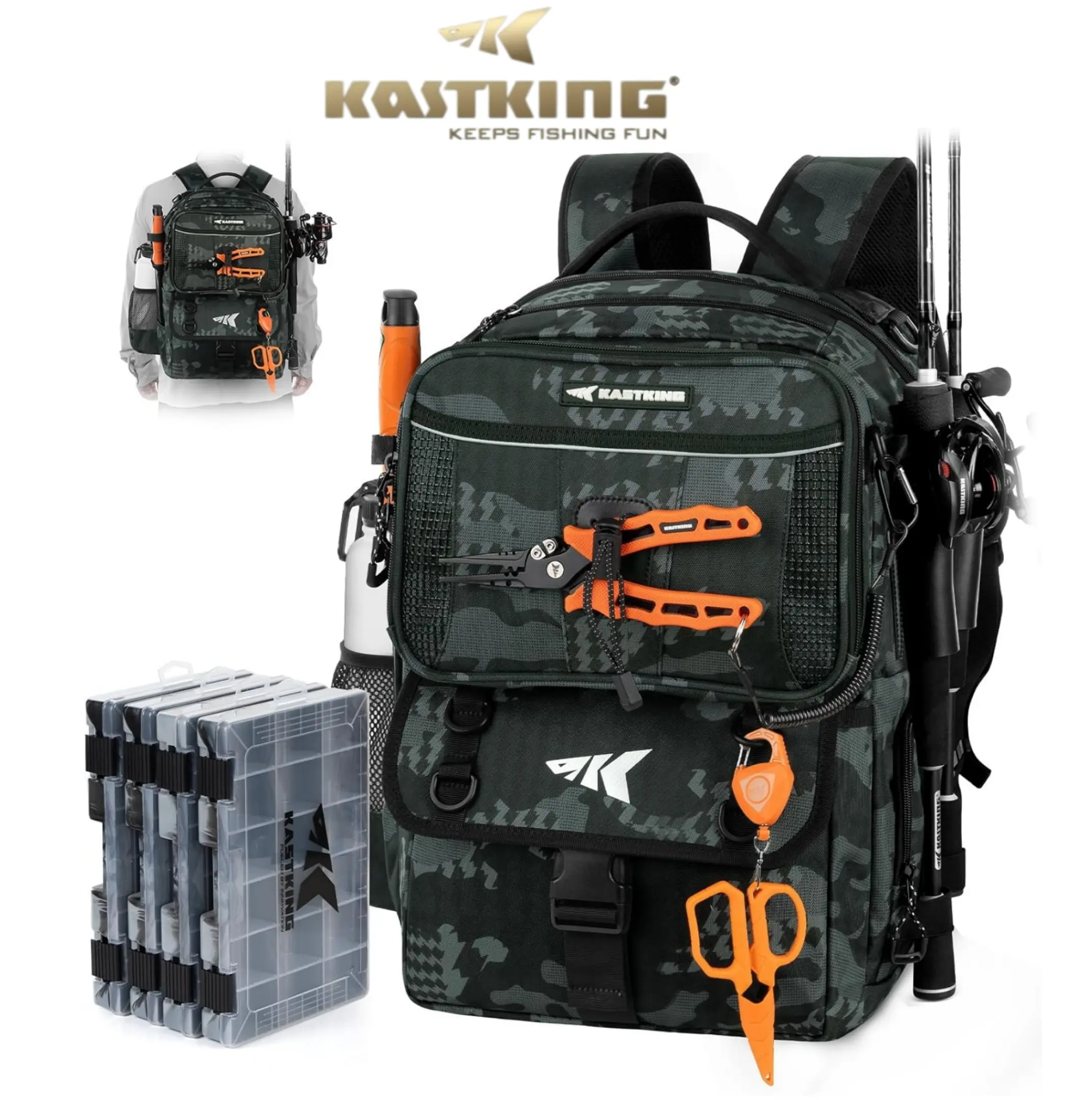 [Back to School Gift] KastKing BaitSpace 50L Fishing Tackle Backpack with Removable Bait Binder & 4 Tackle Boxes Rod Holders Storage Gear Camo Design SummerVibes Summer Survivals ,dealsforyoudays