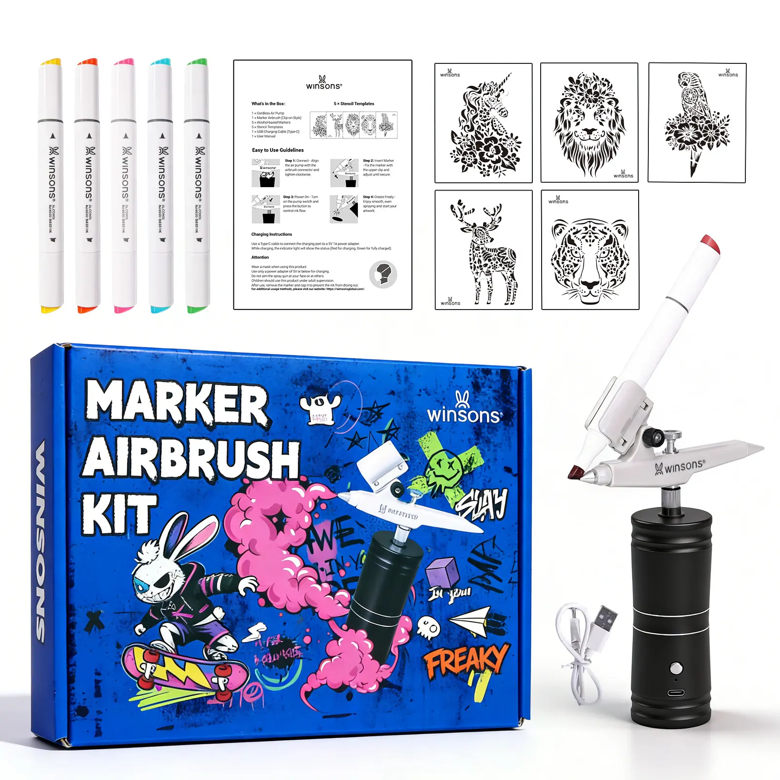 WINSONS 2.1 Upgraded Turbo Cordless Marker Airbrush System, Fits Most Pen Holders, Includes DIY Art Design & Coloring Supplies, Portable Painting Tools for Artists