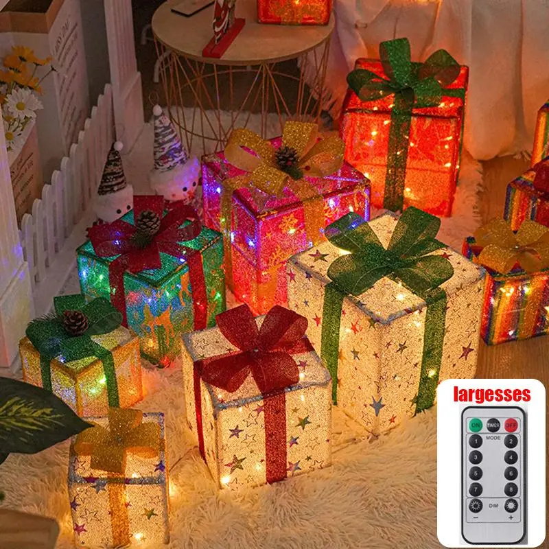 3-Pack Traditional LED Lighted Christmas Gift Boxes, Assembly Required, One Connected 60-LED String, AA Battery Powered Decorations(Battery not included)