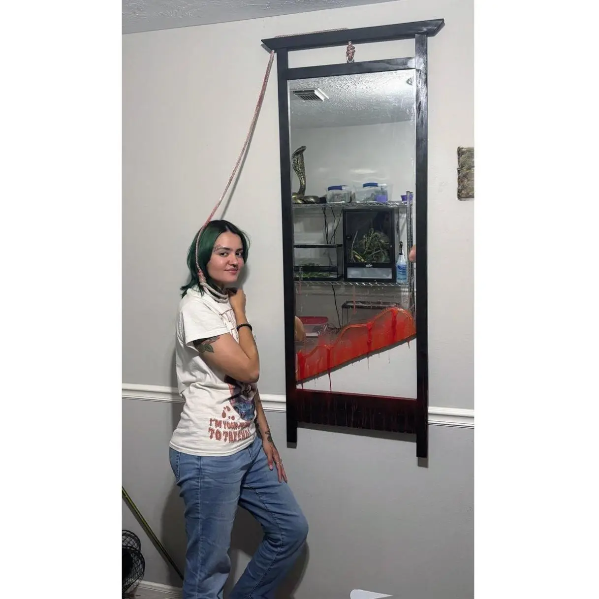 The Guillotine Mirror - Handcrafted 1x2" Wood Mirror with Deep Red Epoxy for Haunted Hallways & Horror-Themed Rooms