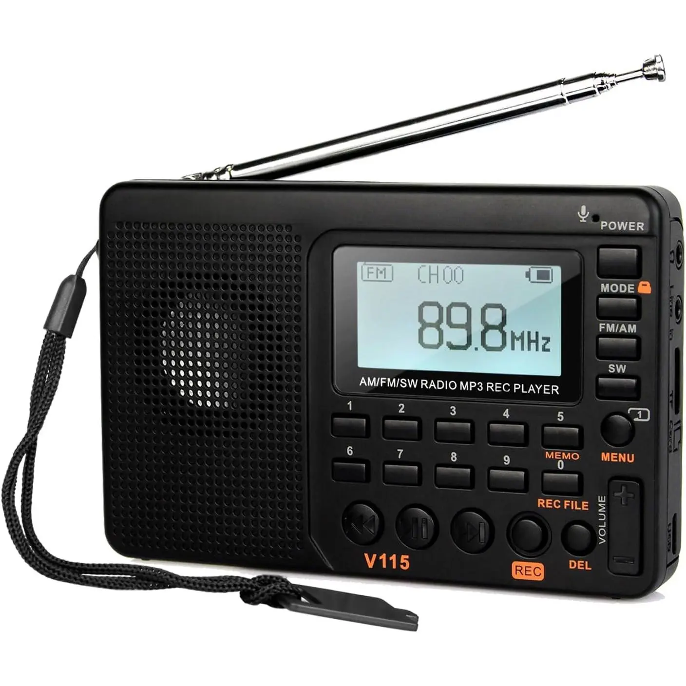 V115 Shortwave Radio, Digital Radio AM FM, Shortwave Receiver with 1000mAh Rechargeable , Presets, TF/AUX Playback and Recording, Bass Speaker, for Camping