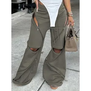 [Sexy Flared Bell Bottoms] 1pc Long Length Flared Bell Bottoms - Knit Polyester Pants with Multiple Zipper Detail and Elastic Waistband - All-Season Fashion for Women Womenswear Trouser Basic Black Minimalist