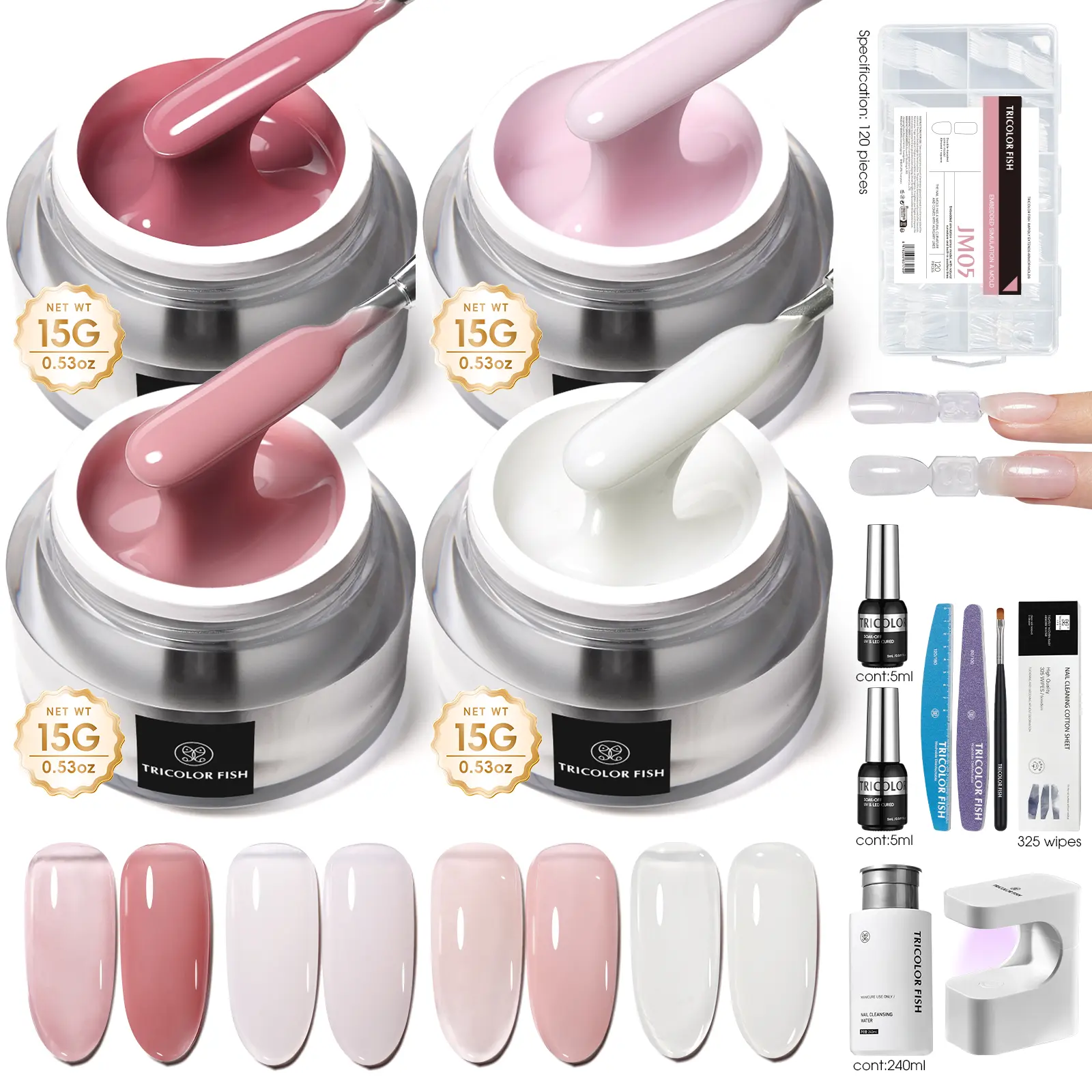 TRICOLOR FISH 3-in-1 Multi-Pack Manicure Builder Gel Set, 4 Smooth Pastel Gel Nail Polish Colors, French Rectangular Nail Art Pen, Glossy Base Coat for Short Oval Square Extensions, DIY Home Use,summerwins