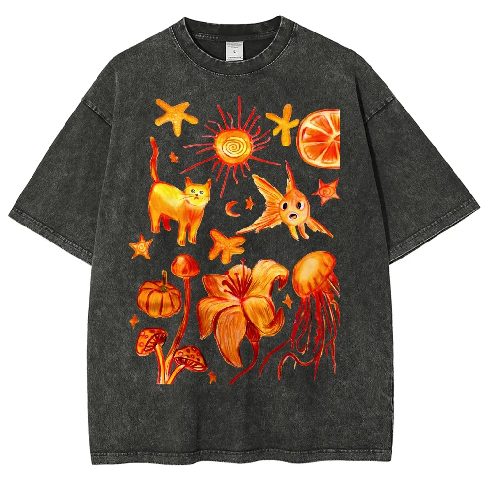 Unisex Vintage Acid Wash Oversized Cotton T Shirt for Women Men, Orange Watercolor Collage Cat Jellyfish Mushroom Sun Lily Retro Graphic Short Sleeve Tee, Celestial Ocean Whimsical Nature Aesthetic Casual Cotton Top