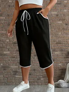 【Plus Size】Contrast Binding Capri Pants, Basic Casual Comfy Trousers for Summer, Women's Bottoms for Daily Wear