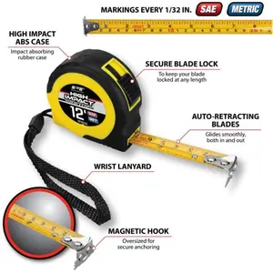 Wilmar Hand Tools 12 ft Tape Measure with High Impact ABS Case Secure Blade Lock Auto Retracting Blades and Wrist Lanyard