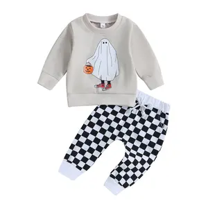 Toddler Halloween Outfits Long Sleeve Cartoon Sweatshirt + Checkerboard Pants Set Baby Clothes