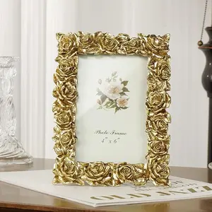 4x6 Vintage Gold Picture Frames, Ornate Gold Rose Resin Photo Frame with Glass Front for Wall Hanging or Tabletop Display, Elegant Home Decor