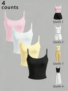 Set of 4 Women's Solid-Color, Summer Cropped Sleeveless Cami Tops, Y2K Slim-Fit Spaghetti-Strap Camisoles with Adjustable Straps. Versatile styling options: pair with capris, shorts, or wide-leg pants. Perfect for summer and everyday wear