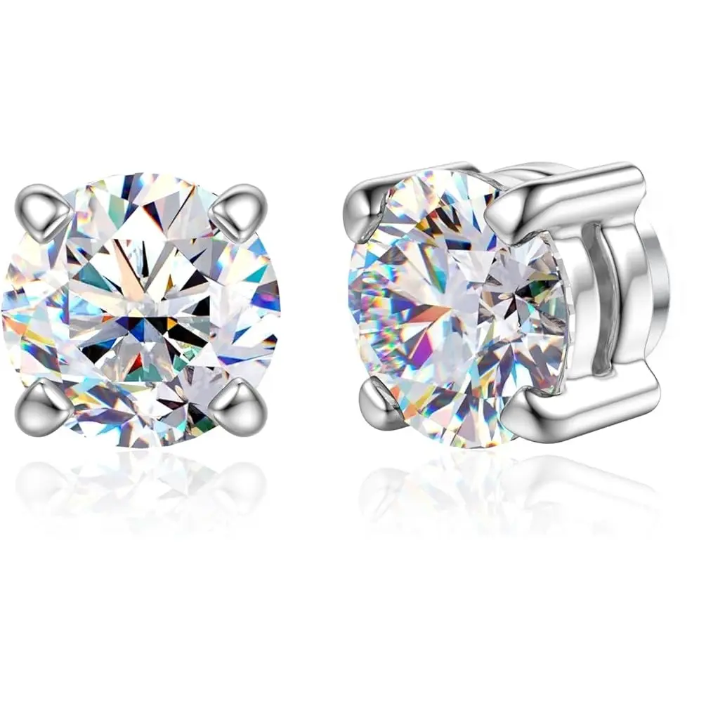Moissanite Magnetic Earrings for Men Women : 18K White Gold Plated Hypoallergenic Stainless Steel Non Piercing Clip on Fake Earrings Studs Dainty Moissanite Earring Jewelry