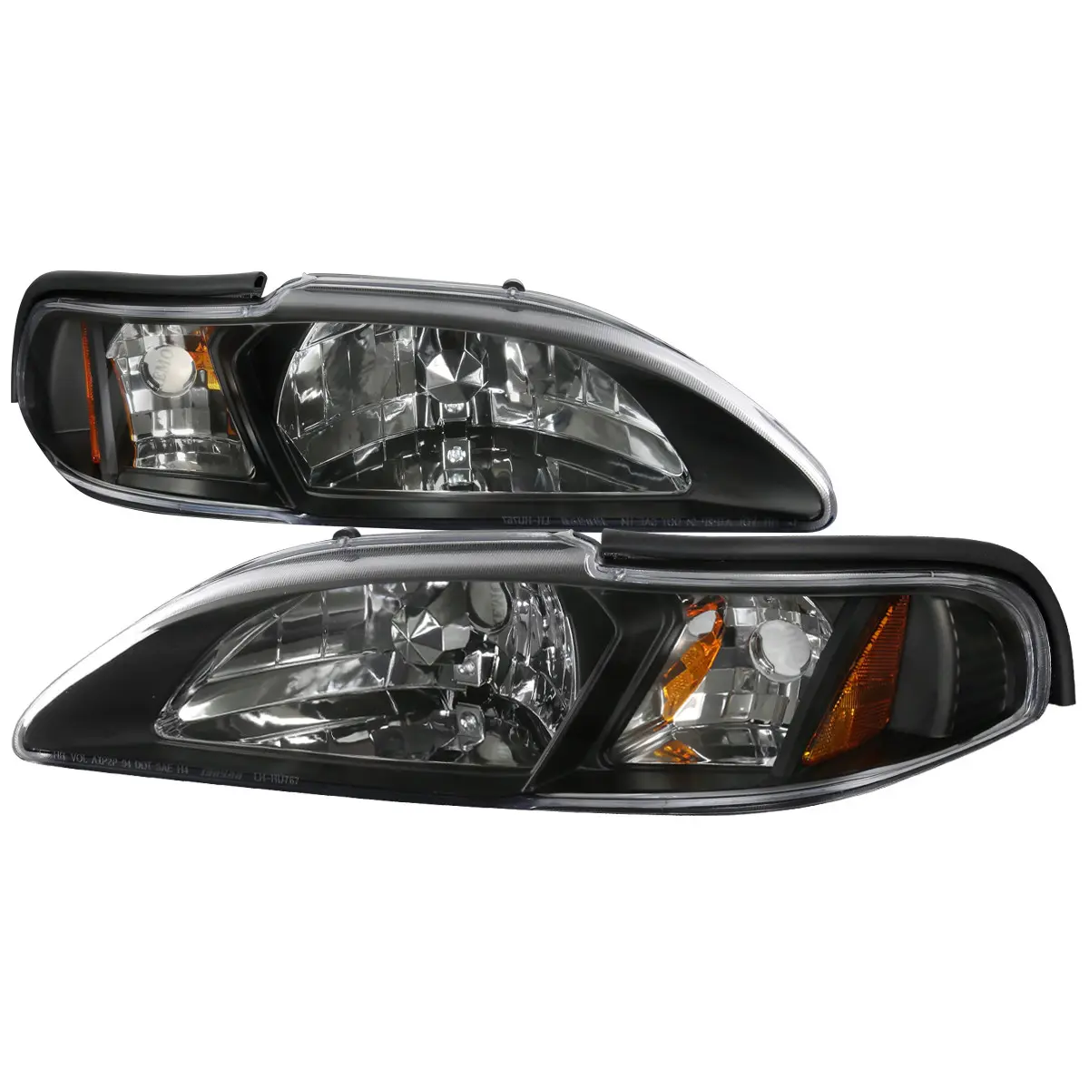 1994-1998 Mustangs 1PC Crystal Headlight Assemblies w/ Amber Reflectors (Matte Black Housing/Clear Lens)