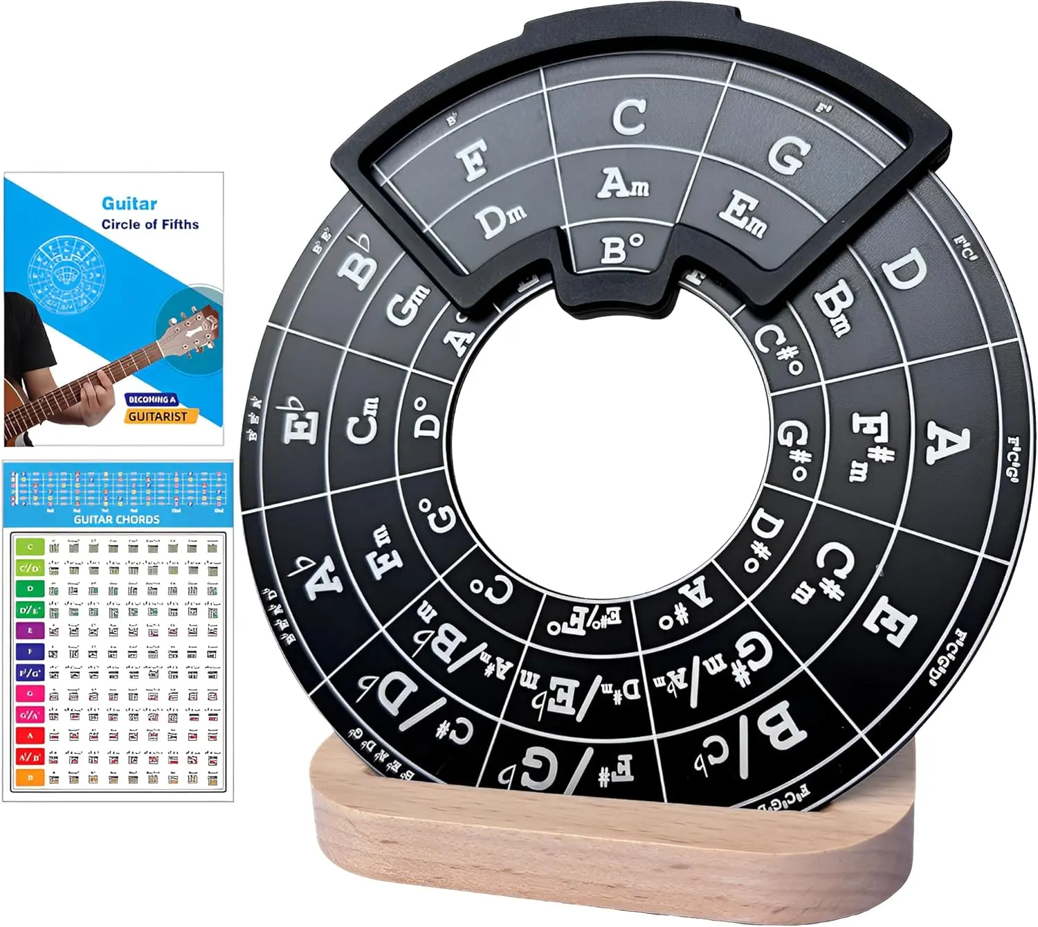Circle of Fifths Wheel Metal Melody Tool with Guitar Chord Chart Music Theory Book and Wooden Stand for Musical Instruments, Black