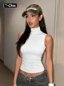 Women's Solid High Neck Turtleneck Cut Out Backless Tank Top, Sexy Plain Sleeveless Hollow Slim Fit Crop Top, Y2K Party Club Date Holiday Beach Vacation Daily Casual Shirt Camisole Tops For Ladies Summer Fashion Clothes Wear Womenswear