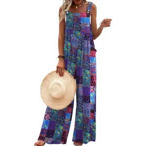 Women's Casual Overalls Loose Wide Leg Jumpsuits Summer Boho Floral Printed Baggy Rompers with Pockets 2026 spring