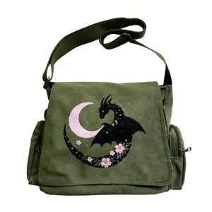 Women's Large-Capacity Clamshell Vintage Shoulder Bag - Crossbody Bags for Women with Adjustable Strap, Foldable Basic Graphic Design, 2-Color Options (Black Dragon Surround with Pink Moon Cherry Blossom), Ideal for Daily Travel, Gifting