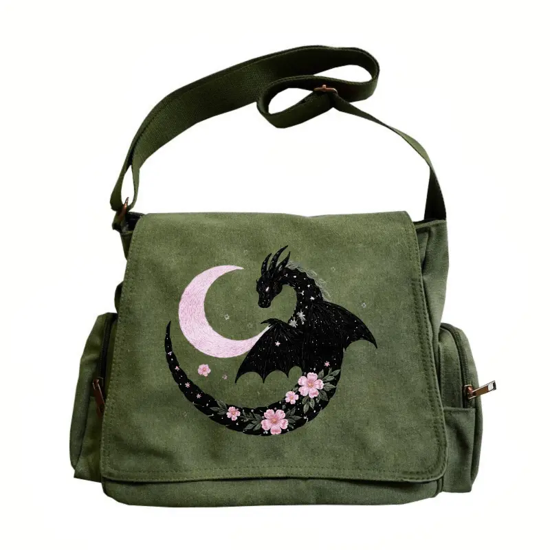 Women's Large-Capacity Clamshell Vintage Shoulder Bag - Crossbody Bags for Women with Adjustable Strap, Foldable Basic Graphic Design, 2-Color Options (Black Dragon Surround with Pink Moon Cherry Blossom), Ideal for Daily Travel, Gifting