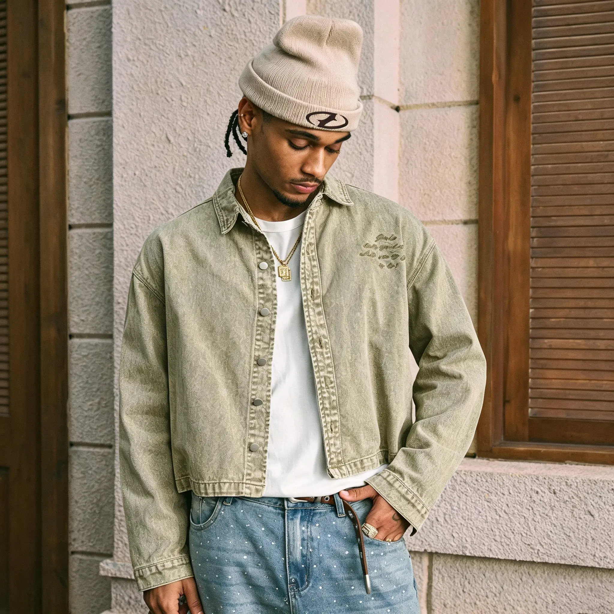 Olive green acid-wash cropped denim shacket with lapel collar and front snap buttons, small letter embroidery, boxy loose fit, vintage washed overshirt, unisex streetwear outer layer, lightweight denim casual jacket for spring/fall