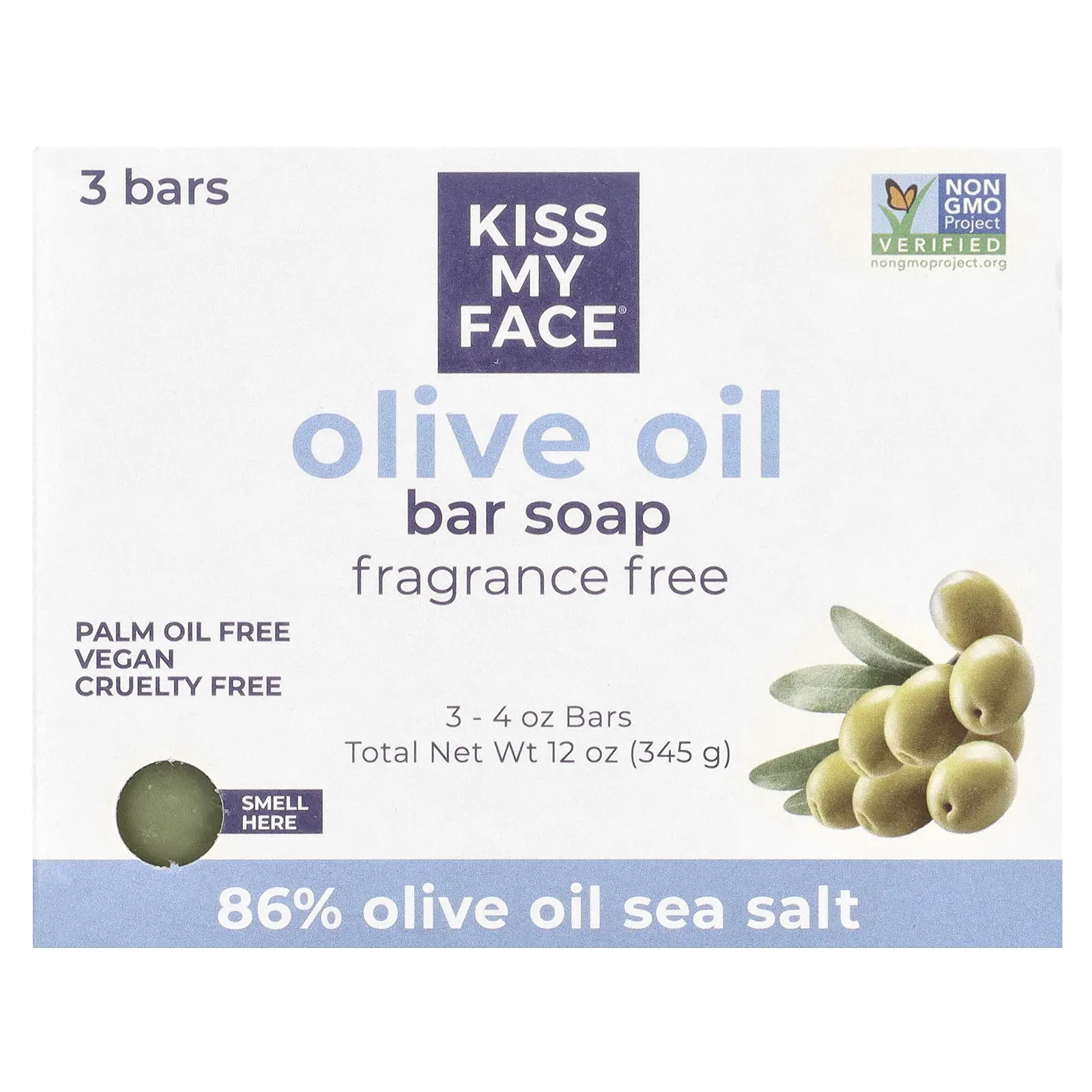 Kiss My Face Olive Oil Bar Soap, Fragrance Free, 3 Bars, 4 oz (115 g) Each
