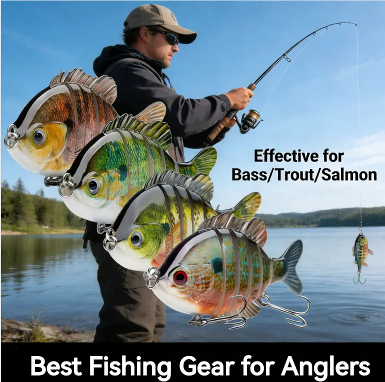 TRONMER 4pcs Multi-Jointed Bluegill Shape Hard Topwater Float Fishing Tackle, 3.5in/0.85oz Saltwater Crankbait Effective for Bass (Pack Matches Image), Bass Fishing, Side-To-Side Motion, Plastic, 4‑Piece Value Set
