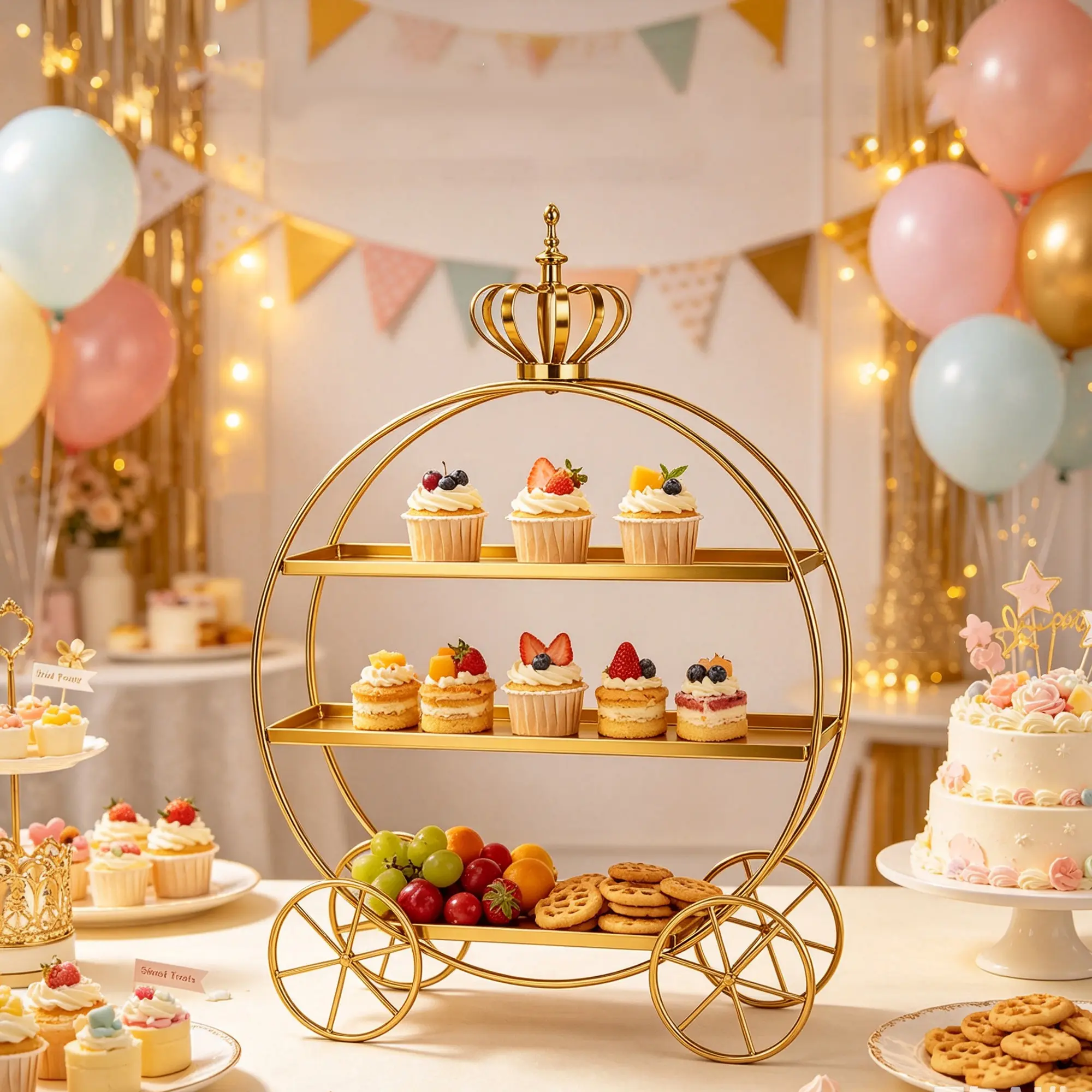 Golden Crown Pumpkin Carriage 3-Tier Dessert Stand, Luxury Iron Pastry Display Tray, Decorative Ornament for Wedding Sweet Tables, Cupcake & Macaron Display Rack for Birthday Parties and Afternoon Tea, Viral Photo Prop for Bakery Shop Window Displays
