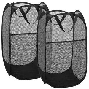 LMMAKE Collapsible Mesh Pop Up Laundry Hamper with Wide Opening & Side Pocket Breathable Sturdy Space Saving Design for Clothes Storage Black Hamper for Travel & Home Use