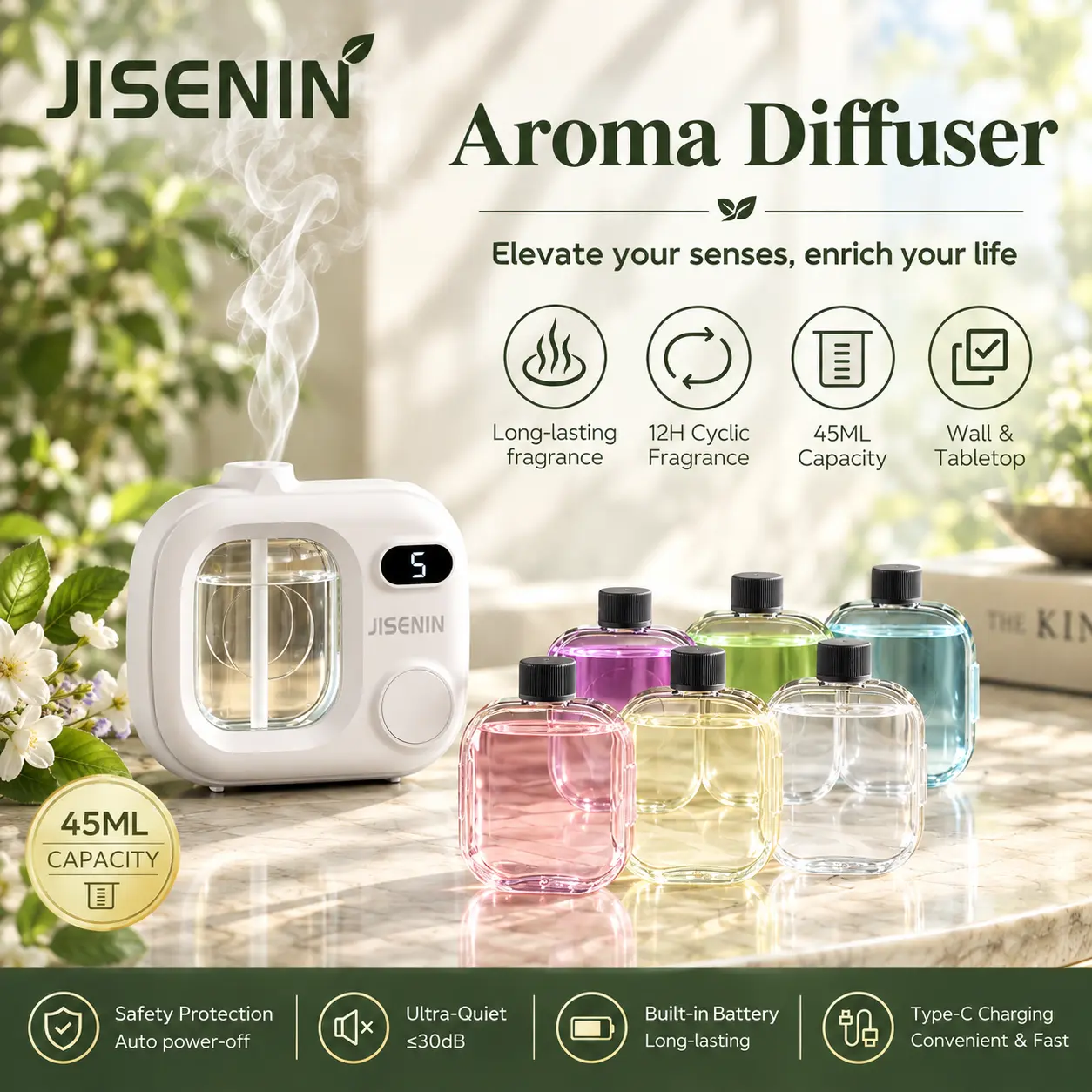 JISENIN Wireless 45ML Aromatherapy Diffuser - Cordless Rechargeable Flameless Candle, Type-C Port, 12H Cyclic Fragrance, Ultra Quiet, Wall & Tabletop Antistress Humidifier for Home Bedroom