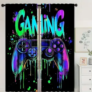 2pcs Game Controller Pattern High-Definition Digital Print Sheer Printed Curtains, Home Textile, Polyester Material, Semi-Transparent Privacy Protection, Washable, Bedroom & Living Room Decor