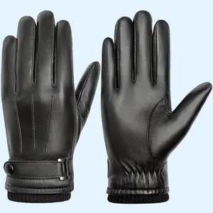 Black Leather Warm Lined Gloves with Adjustable Closure Thermal Men