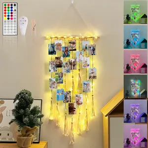 16 Colors Hanging Photo Display with 105 LEDs, Picture Frames Collage Boho Macrame Wall Decor for Dorm Apartment Bedroom Living Room, Photo Holder Board with Remote Wood Clips RGB