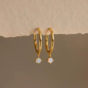 Dainty Opal Drop Huggies by Caitlyn Minimalist - Thin Huggie Hoop Earrings with Dangling Opal Gemstone - Boho Jewelry - Gift for Her