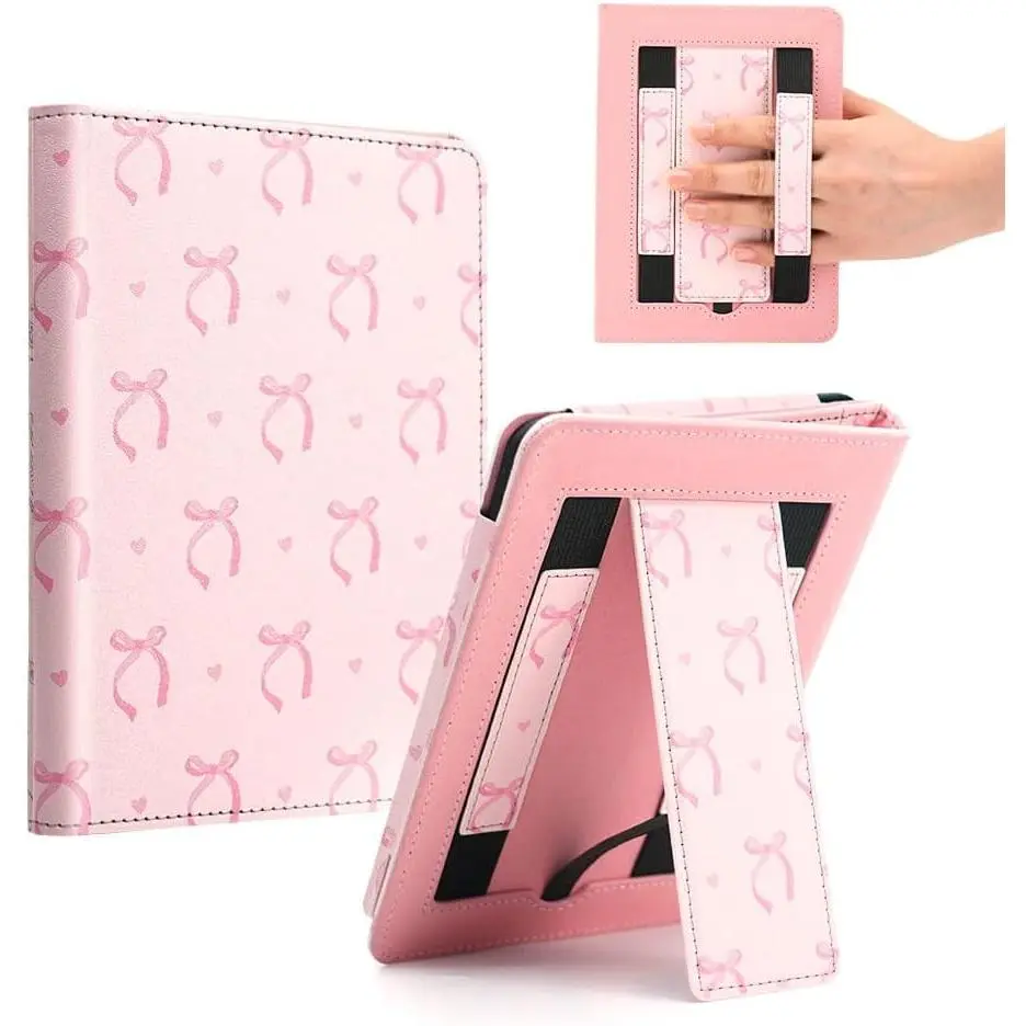 P-PCS01 Aesthetic Foldable Magnetic Holder Case for 6.8"/7" Kindle Paperwhite 11th/12th Gen & Colorsoft Signature Edition, Pink Bow E-Reader Cover with Hand Strap Stand, 2025 Coquette Ebook Accessory Gift