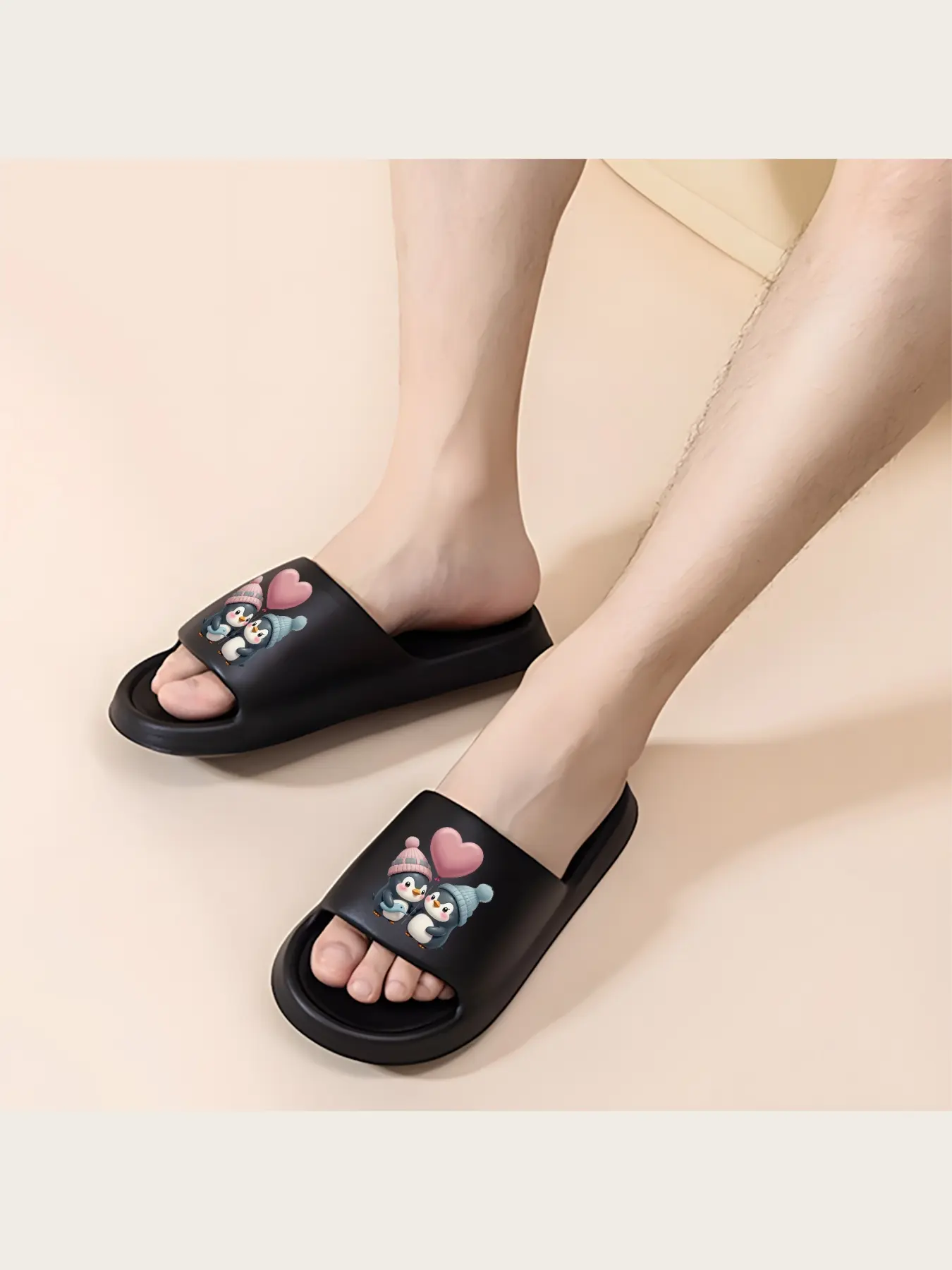 Cute Penguin Couple Slippers with Heart Balloon Print Winter Warm Plush Home Slippers for Women Men Soft Non-slip Indoor Shoes Valentine's Day Gift