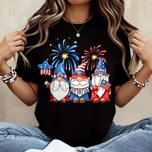 Patriotic Crewneck T Shirt Featuring Gnomes Fireworks and Us Flag Print for Independence Day Celebration