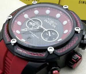Invicta Men's Bolt 52mm Chronograph Glow-in-the-Dark Self-Luminous Quartz Watch - Black-Red Round Analog Face, Red Polyurethane Strap, Authorized Dealer, Glow-In-The-Dark Quartz Watches, Self-Luminous Quartz Watches