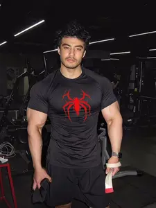 1PC  Men's Muscle Fit Compression Shirt, Short Sleeve Quick Dry Gym Top with Spider Logo, High Stretch Bodybuilding Workout Tee for running, court sports, daily cycling, Training & Sports, Athletic Performance Wear, Gym Clothes Workout