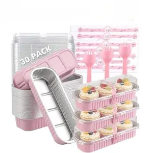 30 Pack Disposable Aluminum Foil Mini Loaf Pans with Lids & Spoons, 6.8oz Baking Cake Bread Pans, Party Supplies, Food Containers, Mother’s Day Gift, Father’s Day Gift (Pink)