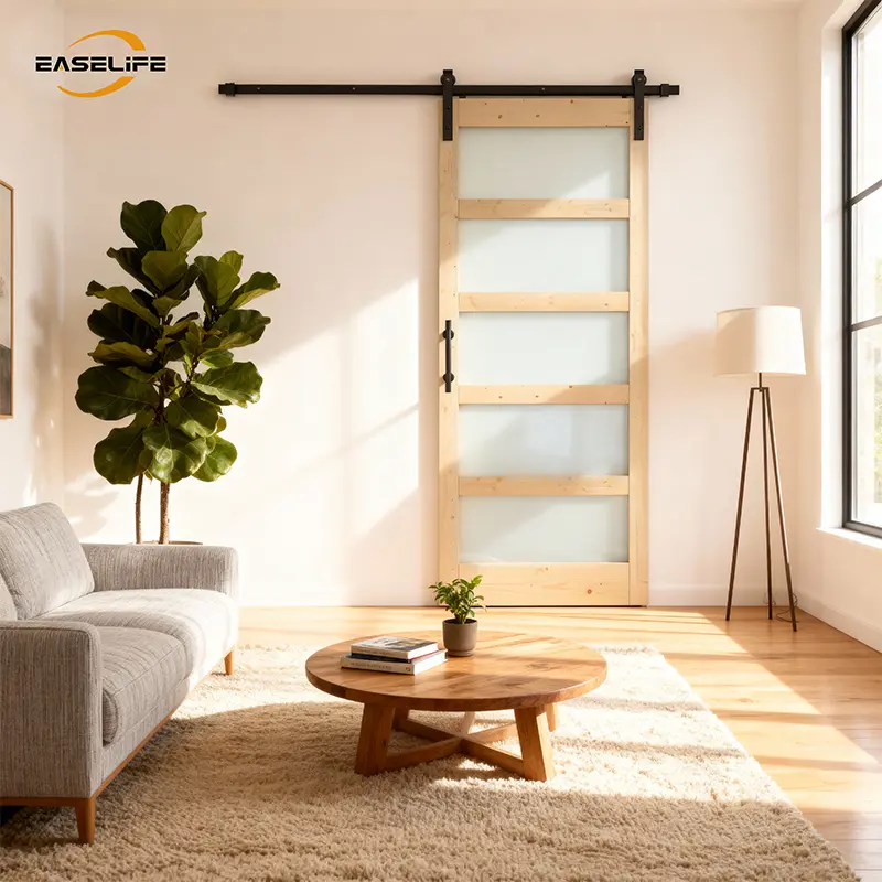 Easelife Versatile Contemporary Track Sliding Barn Door, Light Wood Frame with 5 Frosted Glass Panels, Matte Black Barn Door Hardware for Modern Homes with International Warranty, Barn Door Design, Wood Slide Door
