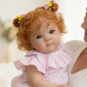 Reborn Baby Doll Bettie 18 Inch Dolls with Red Curly Hair Blue Eyes All-Vinyl Body Pink Gingham Romper Soft Weighted Dolls Stuffed Doll for Kids Age 3 Up Birthday Gift