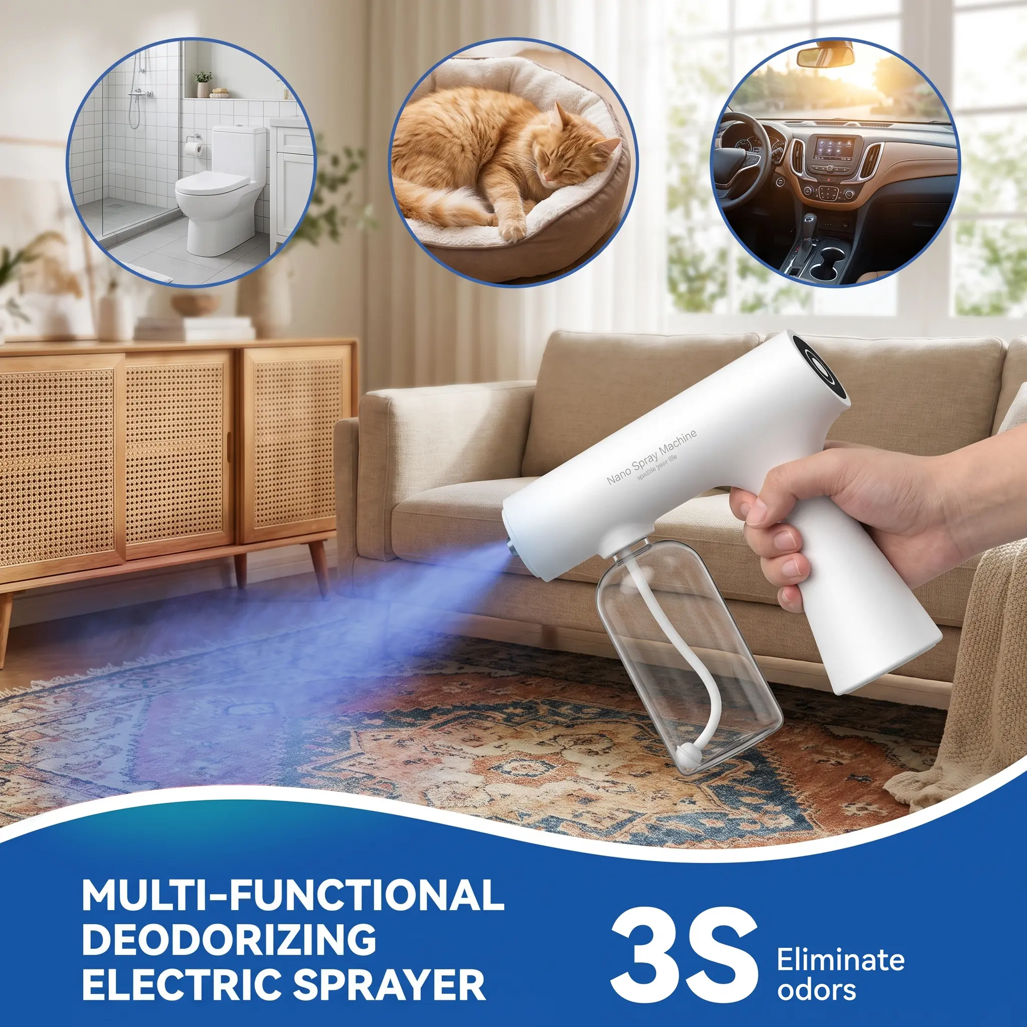 Multi-Functional Nano Blue Light Mist Spray Machine - All-Purpose Daily Home Care Device for Indoor Odor Control, Pet Deodorizing, Sterilization, Safe Disinfection, Lightweight Air Freshening