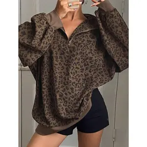 Livesso Women Casual Zip Up Front Long Sleeve Leopard Print Sweatshirt,Fall Clothes