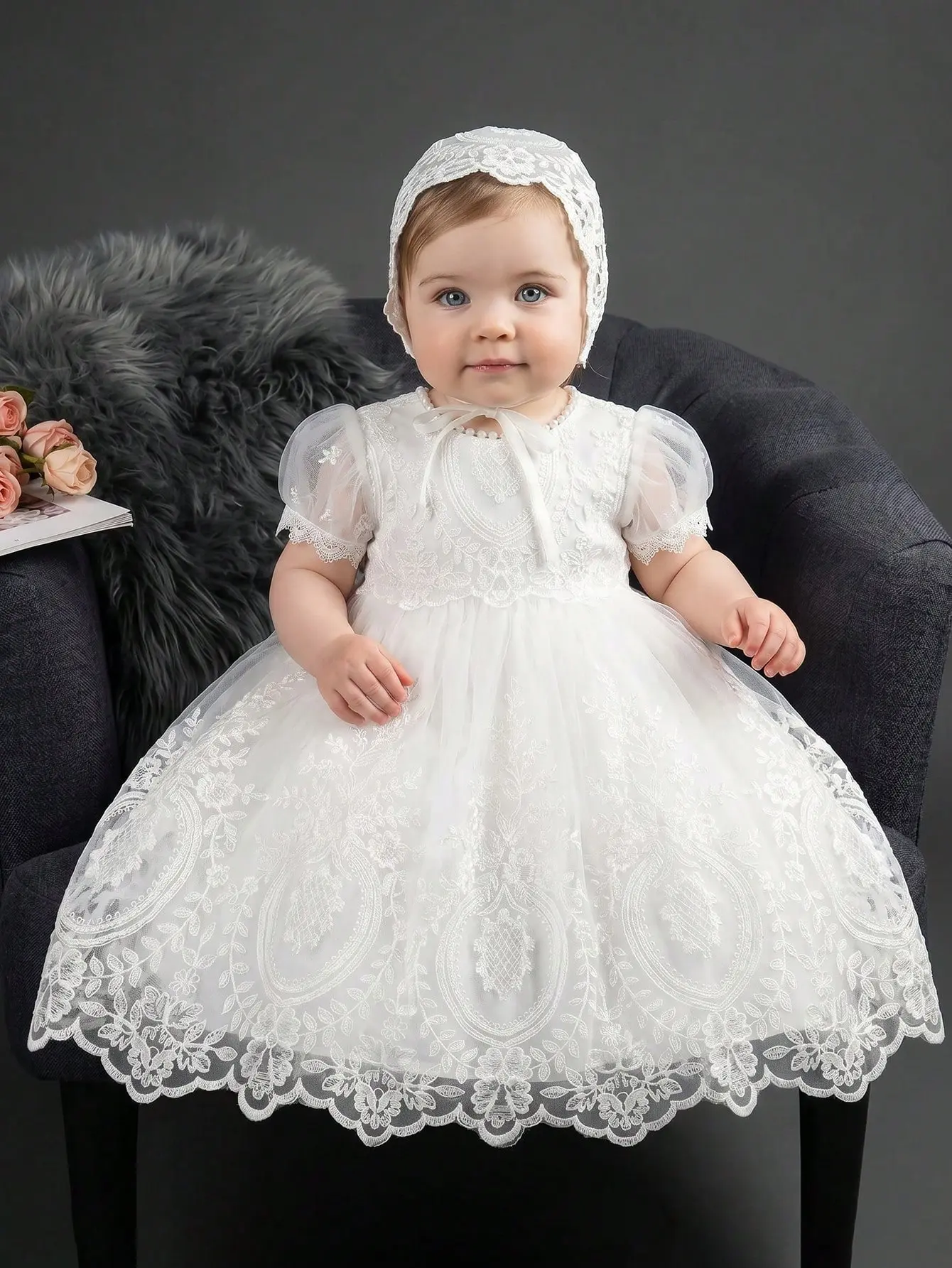 Baby Girl Princess Dress, Premium Embroidered Baptismal Gown, White Mesh Fabric Dress, Birthday Party, Wedding Festival, Ball Gown