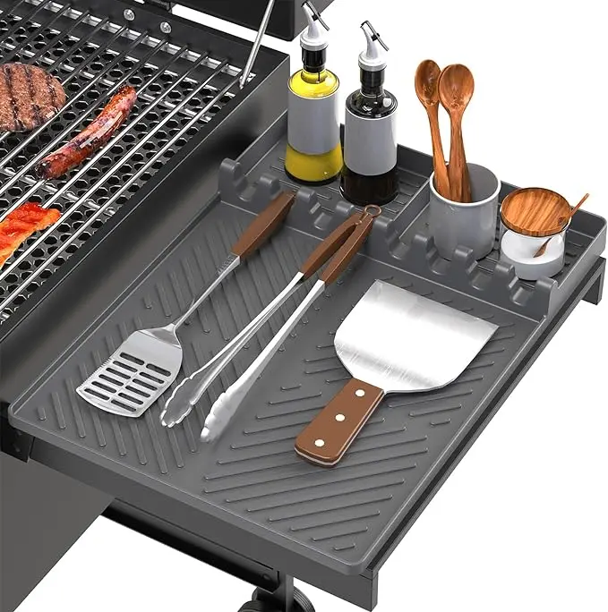 Silicone barbecue mat for grilling; large silicone pan tool mat with drip tray; heat-resistant barbecue tool holder and side tray with spatula mat; suitable for outdoor barbecues and kitchen countertops; striped barbecue accessories/kitchenware