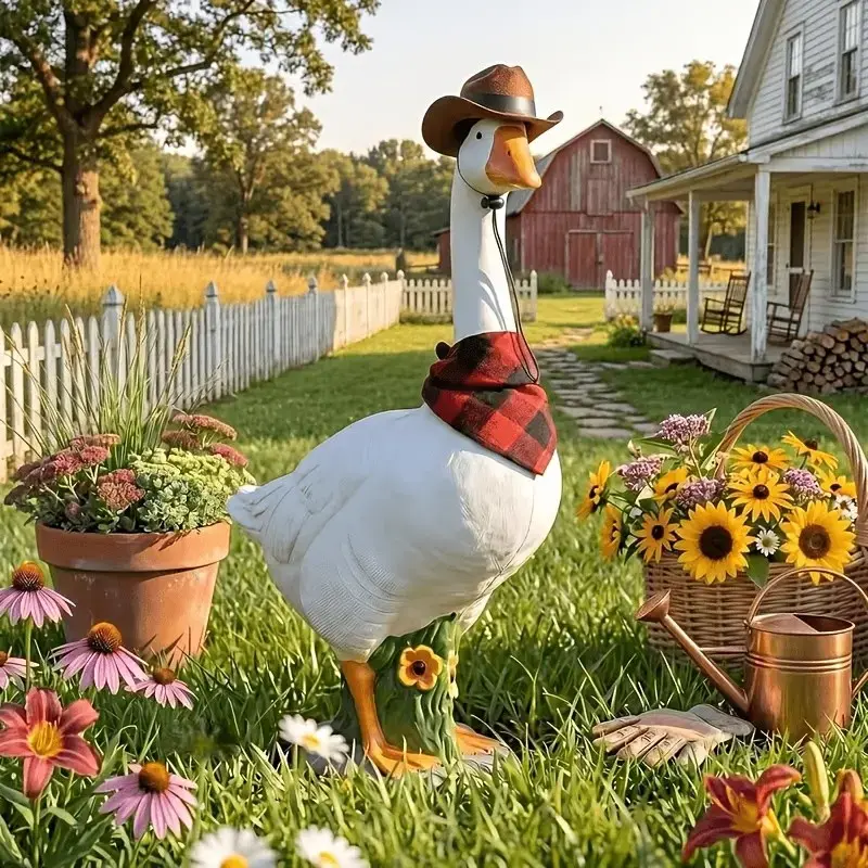 23" Large Adjustable Porch Goose Statue –  Realistic Hollow Resin Garden Goose with Removable Denim Hat & Bandana, Stone-Look Base, Sand-Fillable Design for Outdoor Stability