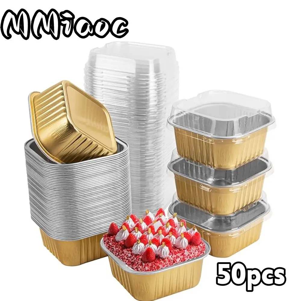 50-Piece 2.8”x2.8”x1.4” Mini Square Aluminum Foil Bakeware Set - 5oz/150ml Disposable Baking Cups with Lids, Heat-Resistant Pans, Accessories, Liners for Home Baking, Cakes, Chocolates Commercial Packaging