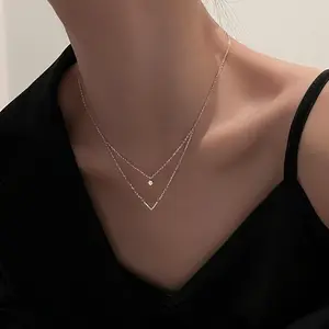 Women's Dainty Double-Layer V-Shaped Pendant Silver Clavicle Necklace, Minimalist Elegant Daily Costume Jewelry