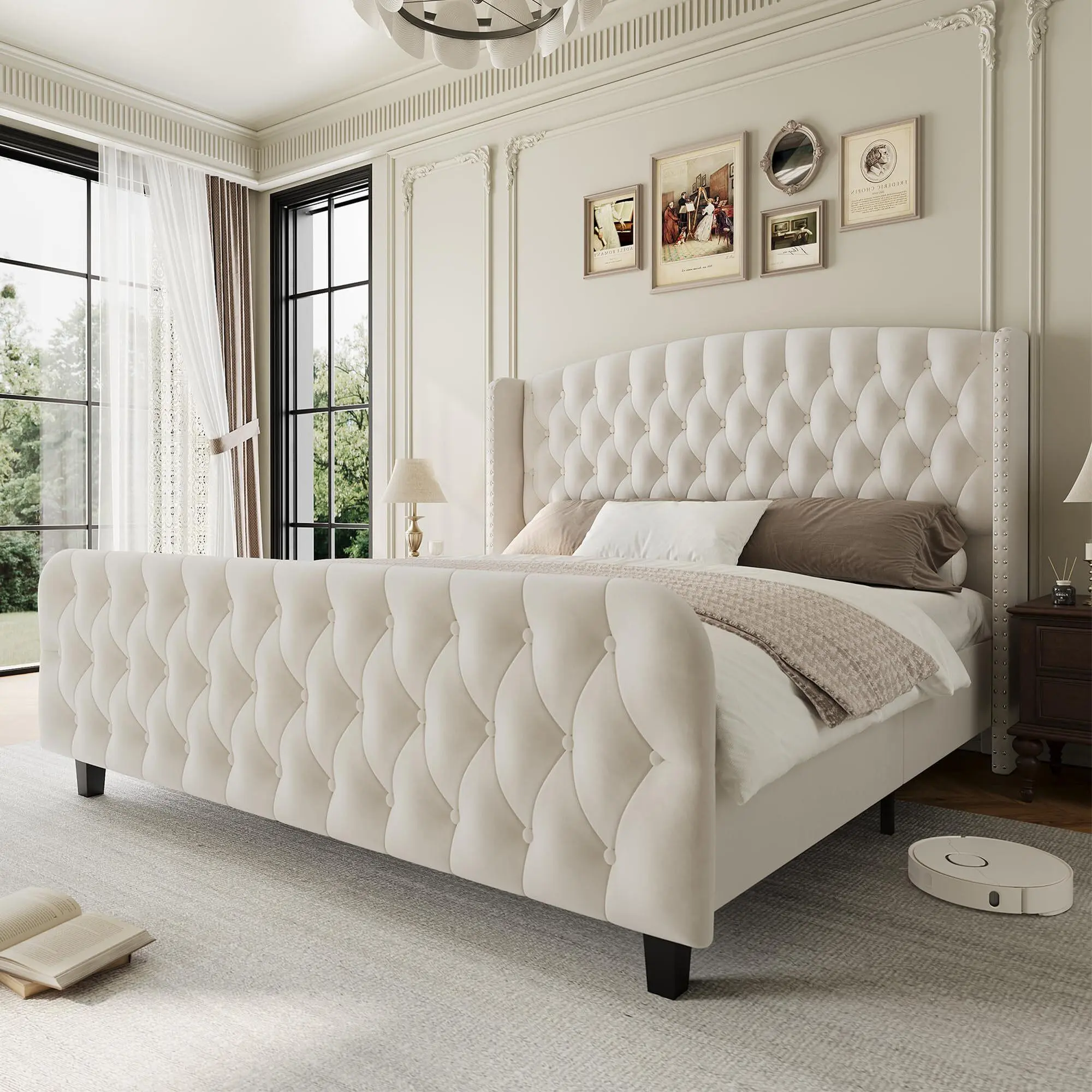 Gaomon Upholstered Platform Bedframe - Queen Size, 51" Tall, Velvet Upholstery, Deep Button Tufted Wingback Headboard, Footboard, Cream Finish