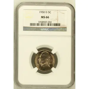 1950 D 5C JEFFERSON FIVE CENTS NGC CERTIFIED COIN MS 66