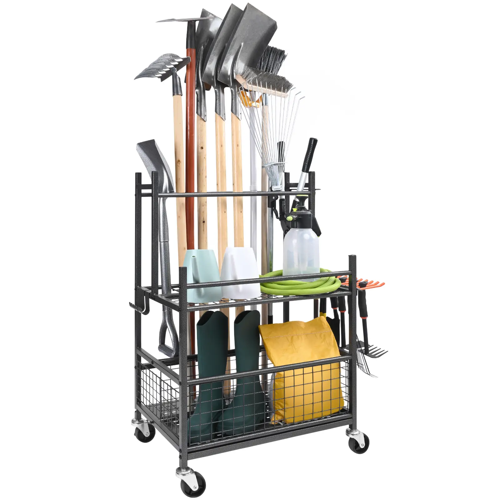【BackToSchool】VEVOR Garden Tool Organizer, 16 Slots with Hooks, Yard Tool Tower Rack with Wheels for Garage Organization and Storage, Hold Long-Handled Tool/Rake/Broom, Metal Tool Stand Holder for Shed, Outdoor