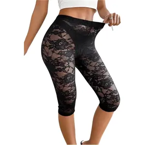 Women's Floral Lace Capri Leggings Sheer Mesh Skinny Elastic Sexy See Through Pants