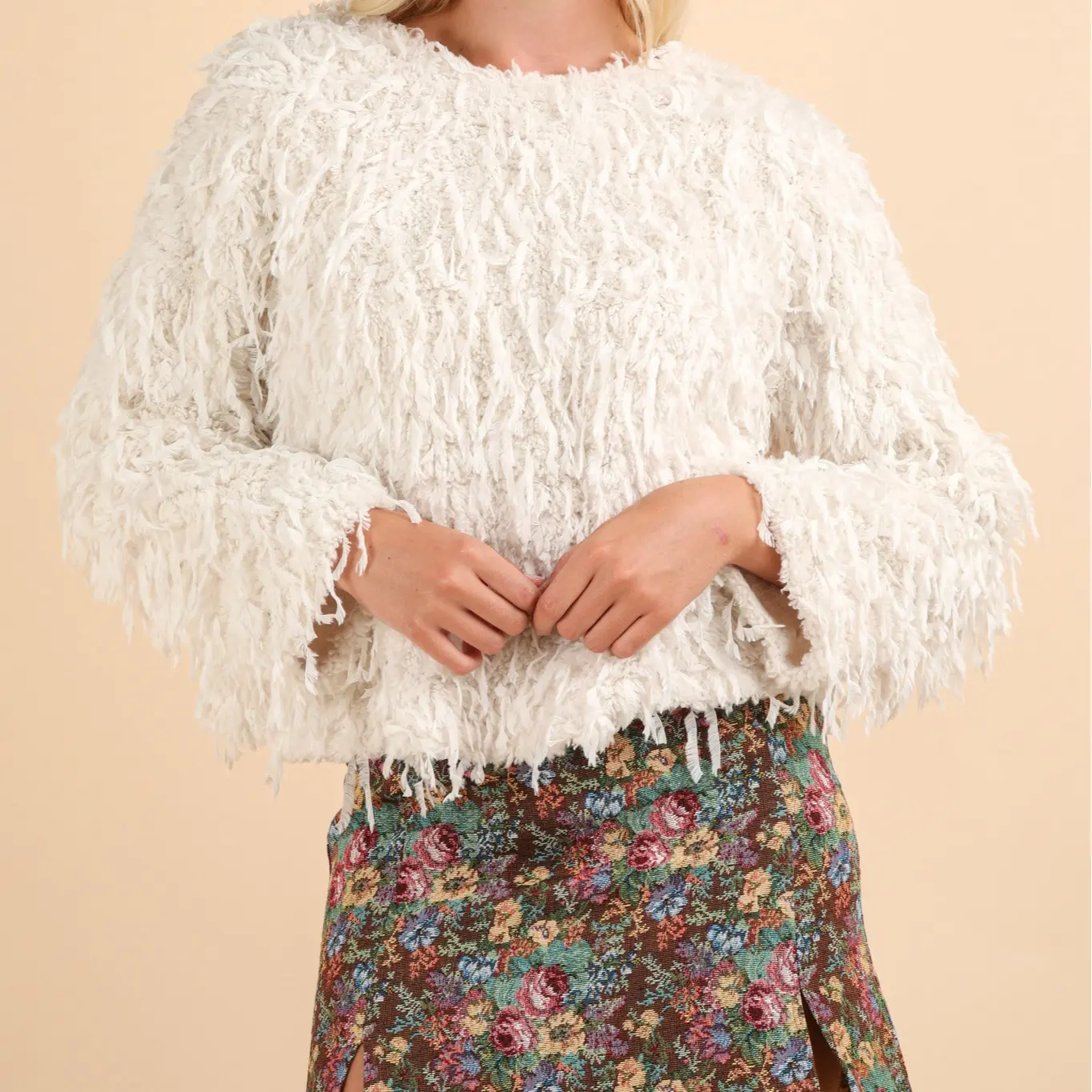 Shaggy Snowfall Sweater - Statement Party Top with Velvet Bow Back Chic